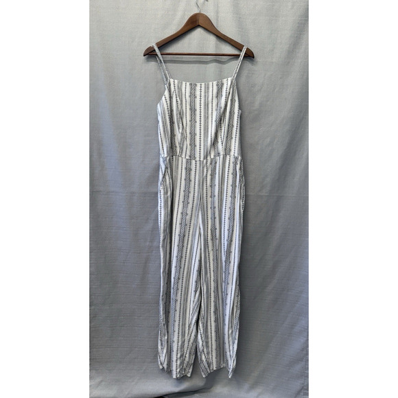 Old Navy Linen Cami Jumpsuit Womens Size L Tall White Stripe Smocked Beachy - Picture 1 of 9